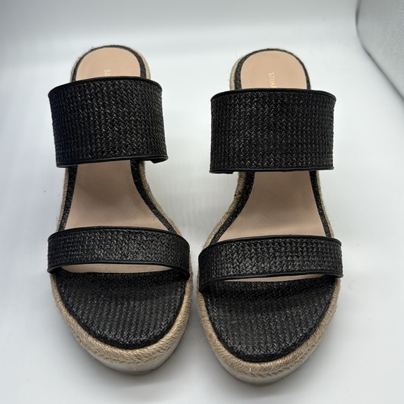 Stuart Weitzman Mykonos Two-Strap Wedge Sandals Herringbone Raffia & Black 38.5 - Picture 6 of 12